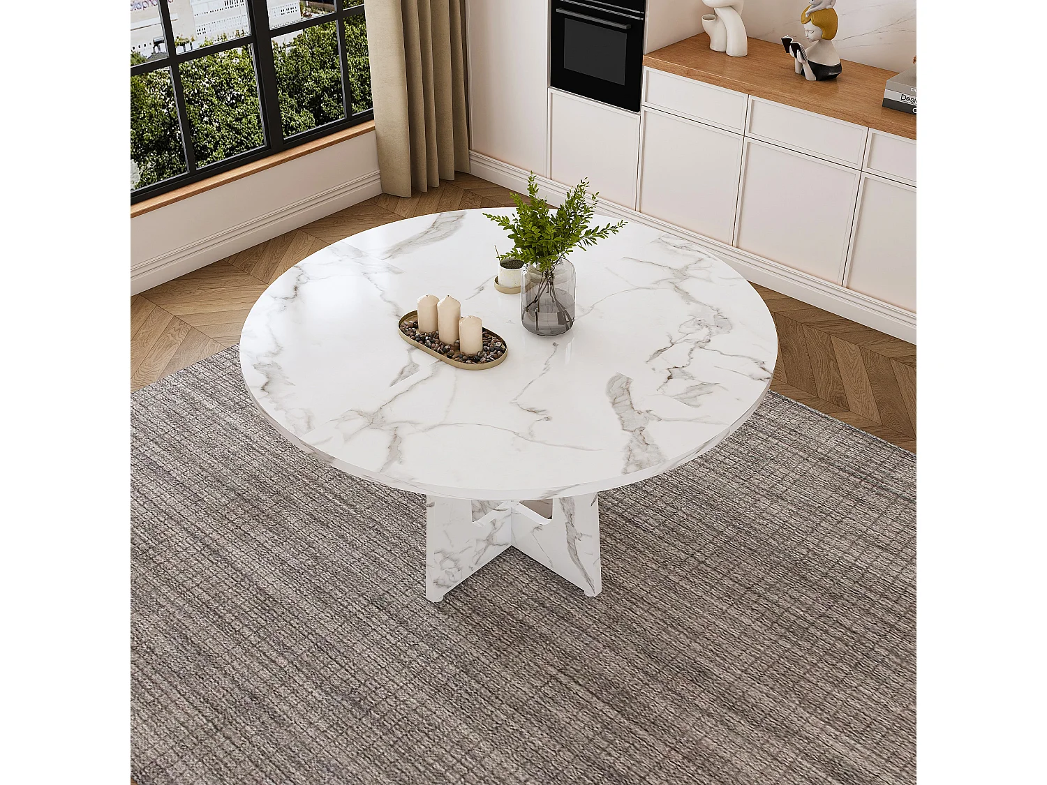 Table à manger ronde modulable de 120 cm en MDF - Pour 4 personnes - Blanc effet marbre