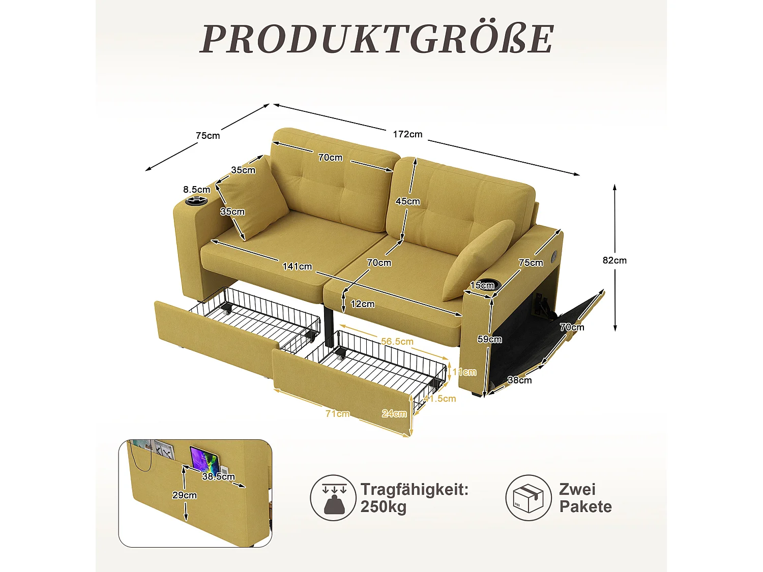 Tweezitsbank van chenille met twee lades, bekerhouders en USB-poorten - Mosterdgeel