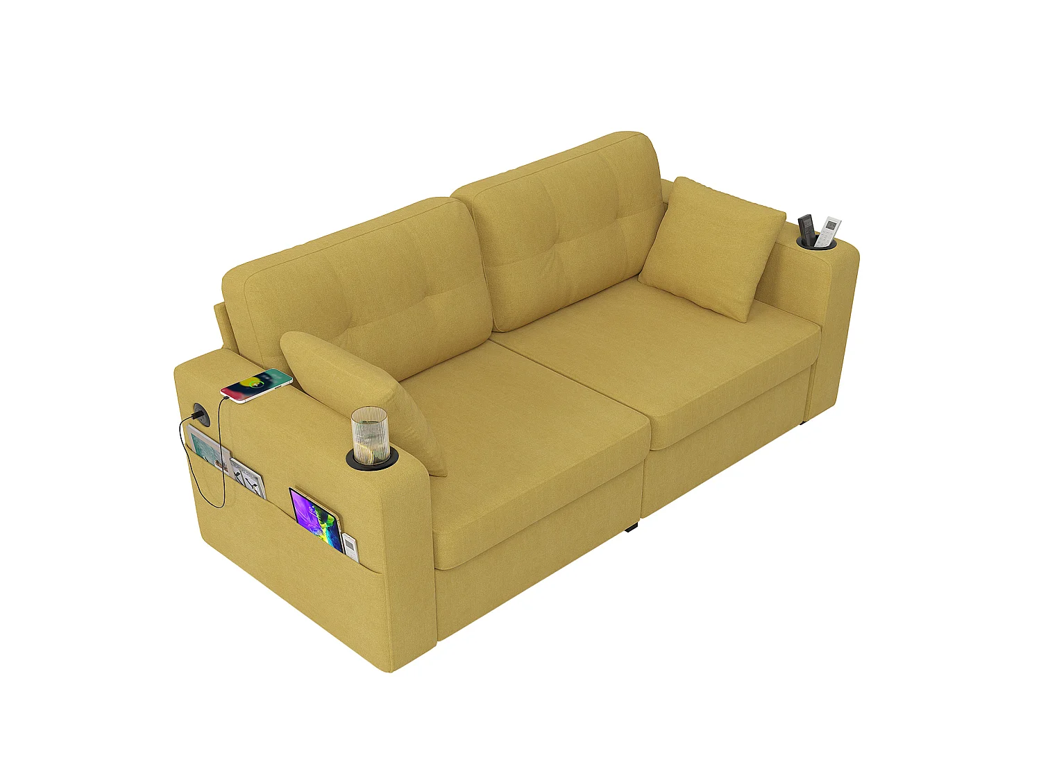 Tweezitsbank van chenille met twee lades, bekerhouders en USB-poorten - Mosterdgeel