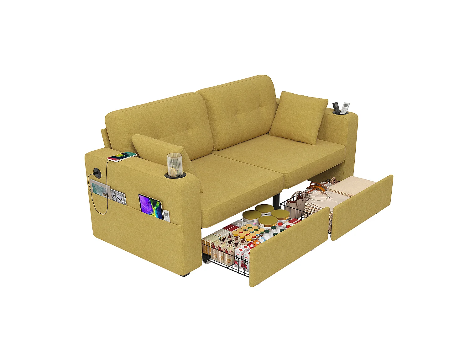 Tweezitsbank van chenille met twee lades, bekerhouders en USB-poorten - Mosterdgeel