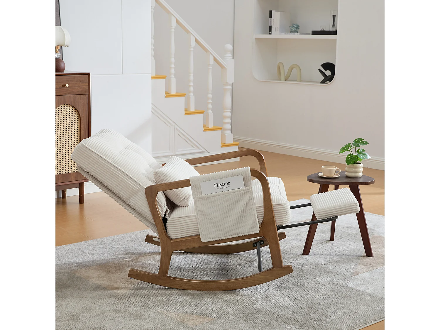 Rocking chair en velours côtelé avec repose-pieds et dossier réglable - Beige