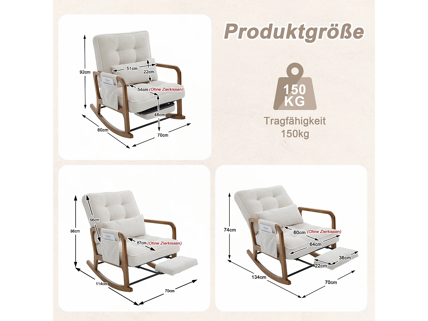 Rocking chair en velours côtelé avec repose-pieds et dossier réglable - Beige