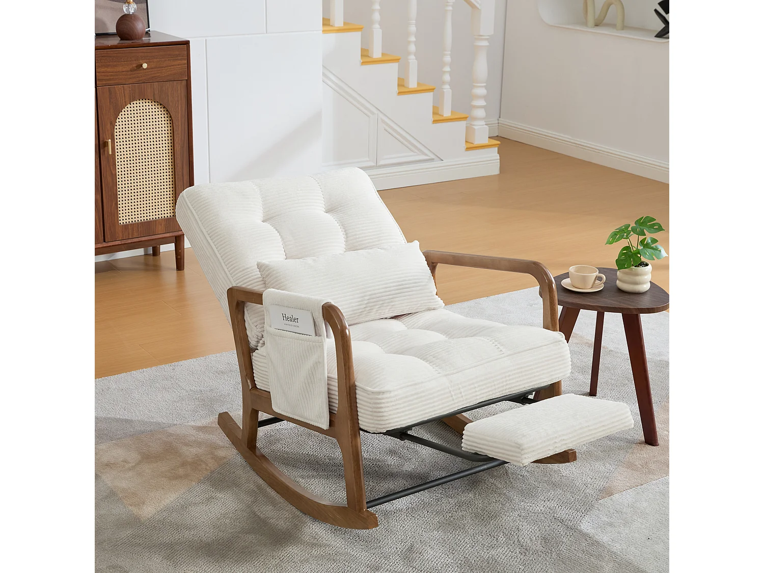Rocking chair en velours côtelé avec repose-pieds et dossier réglable - Beige