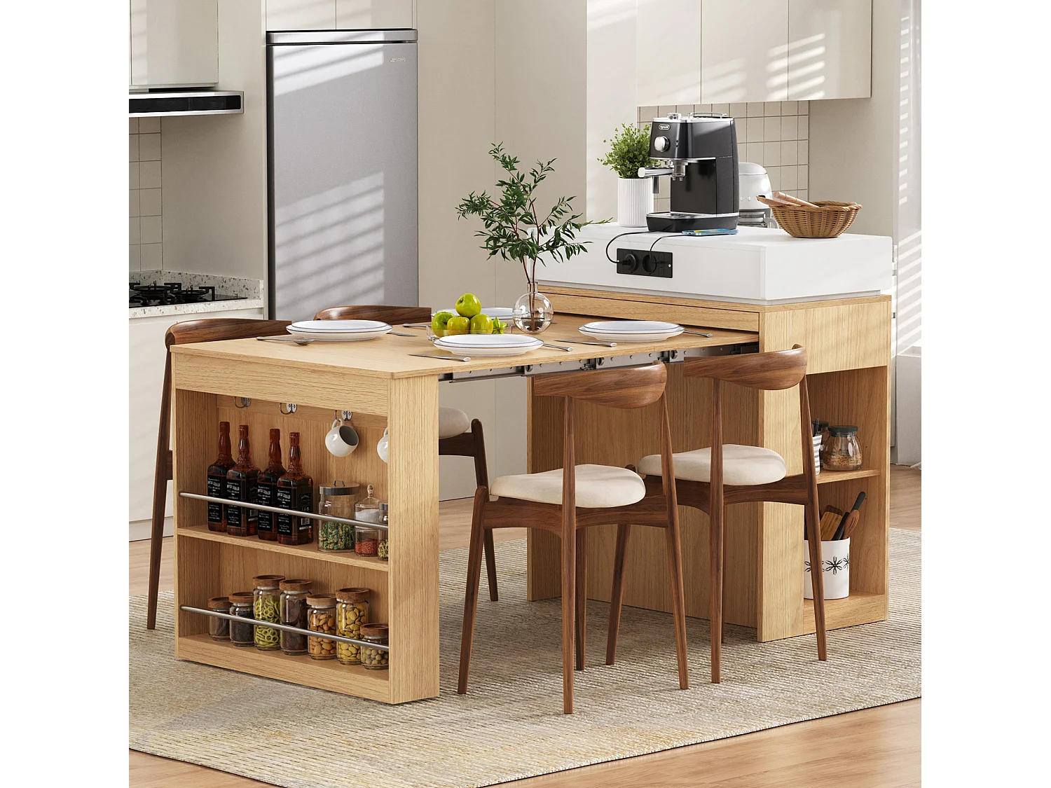 Îlot de cuisine extensible avec prise, tiroir et rangements - Naturel clair