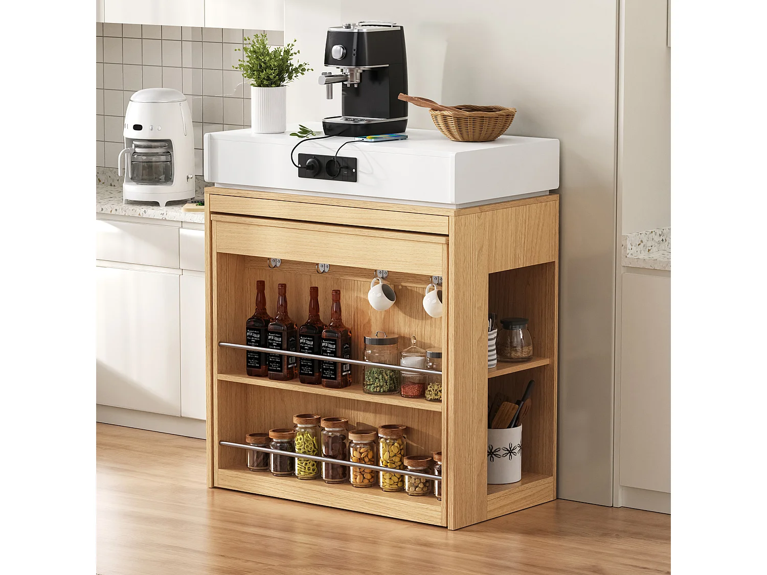 Îlot de cuisine extensible avec prise, tiroir et rangements - Naturel clair