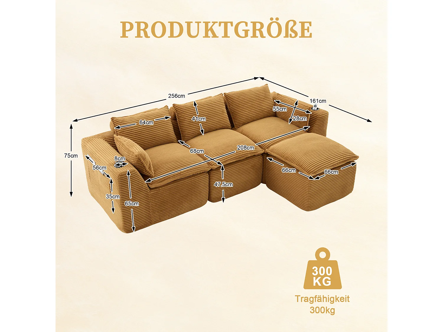 Modulaire 3-zits corduroy bank met poef en zijvakken - Oranje