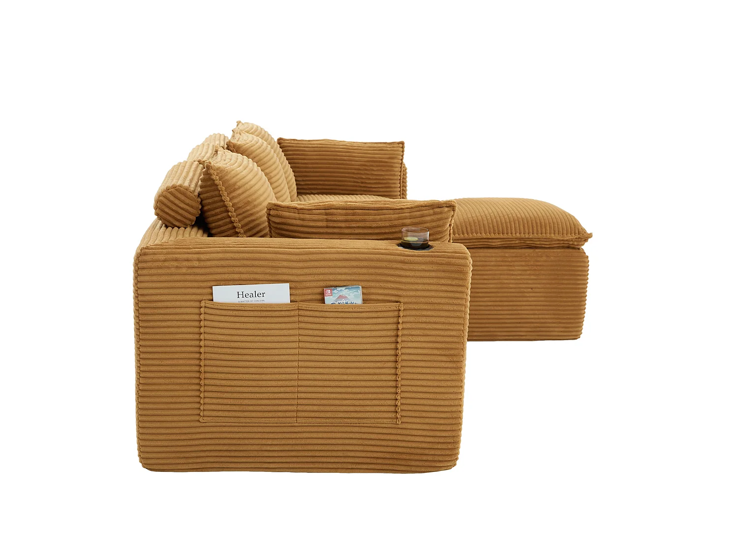 Modulaire 3-zits corduroy bank met poef en zijvakken - Oranje