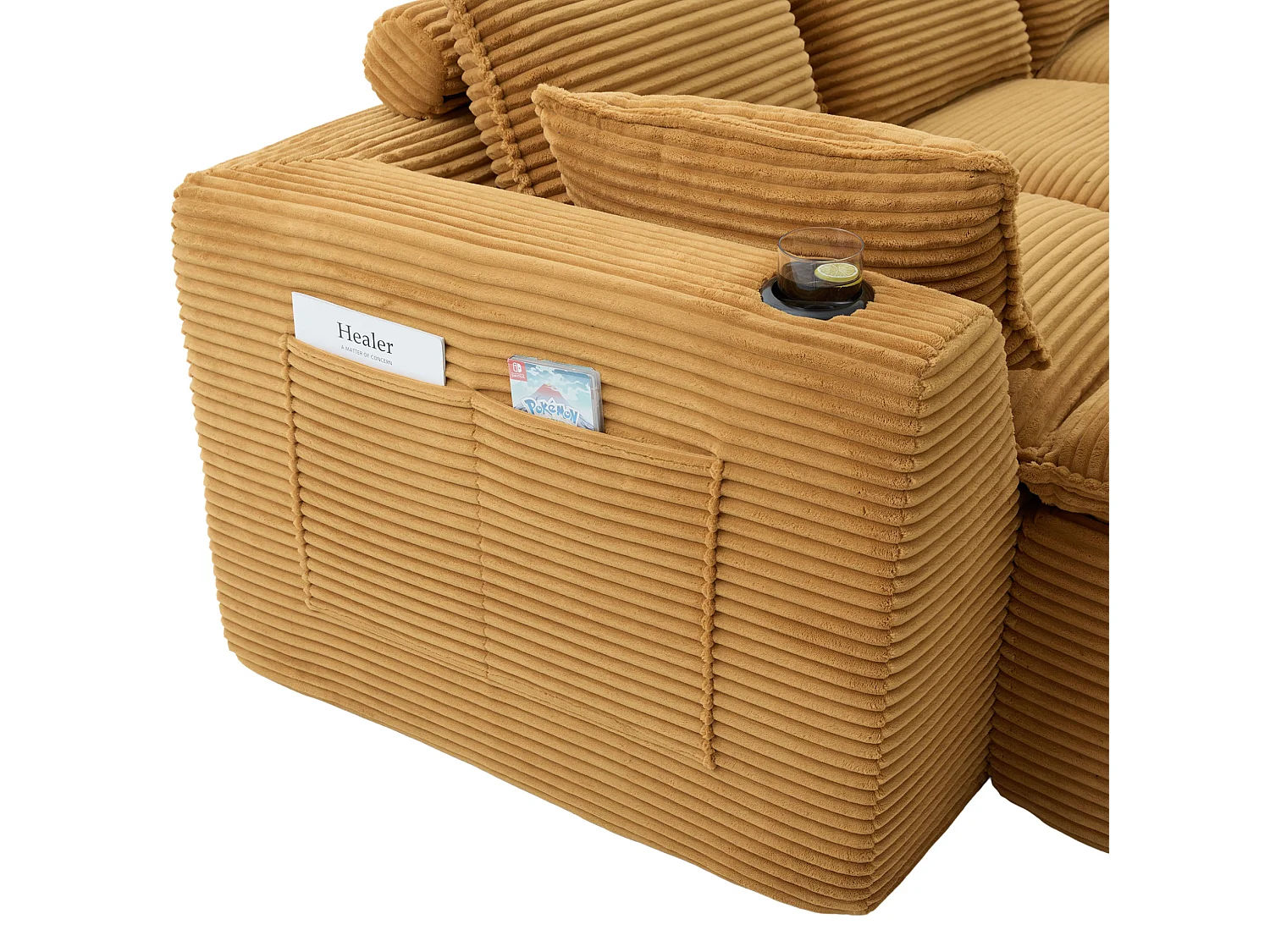 Modulaire 3-zits corduroy bank met poef en zijvakken - Oranje