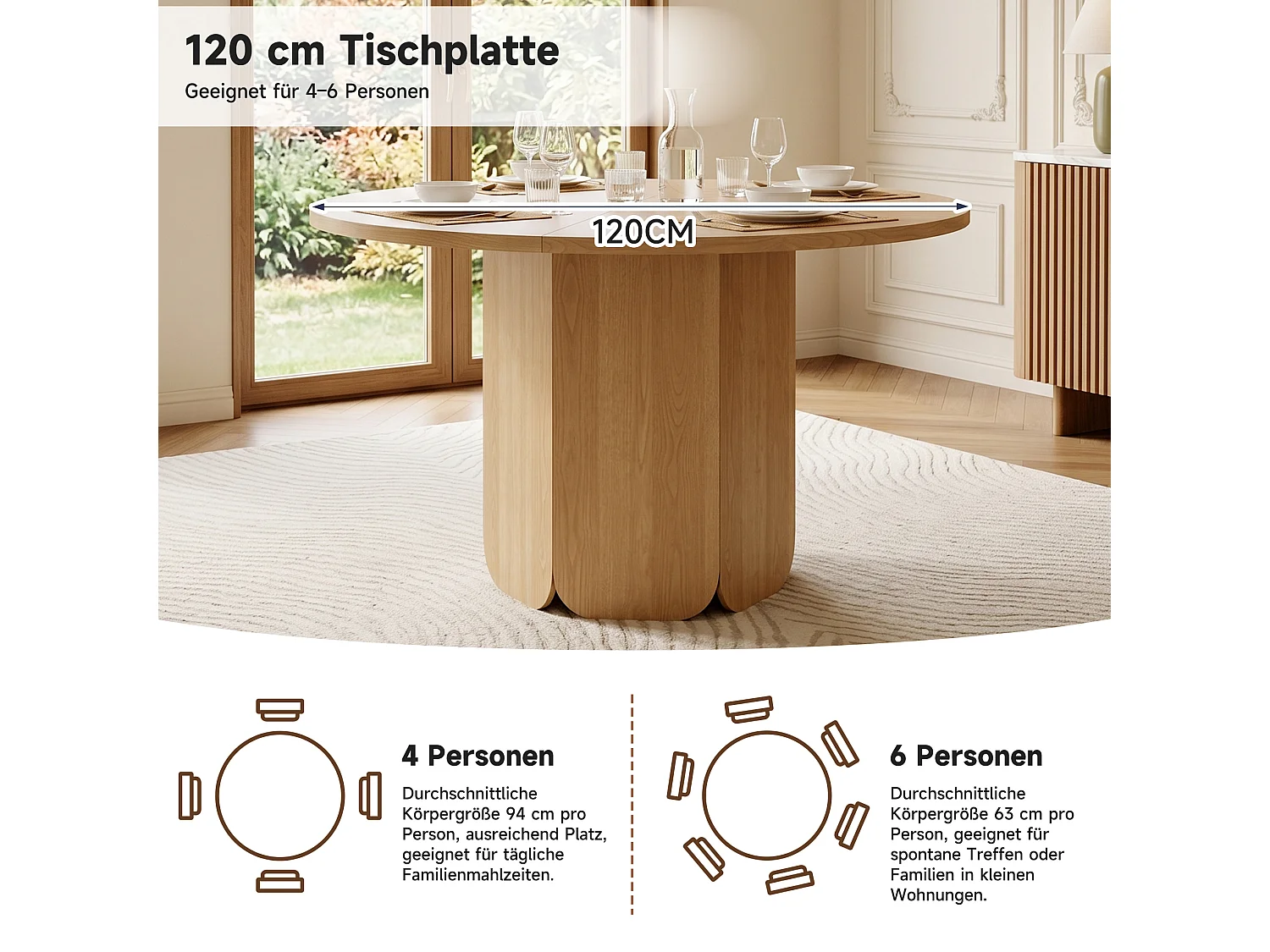 Table à manger ronde 120 cm pour 4 à 6 personnes - Design classique - Couleur bois