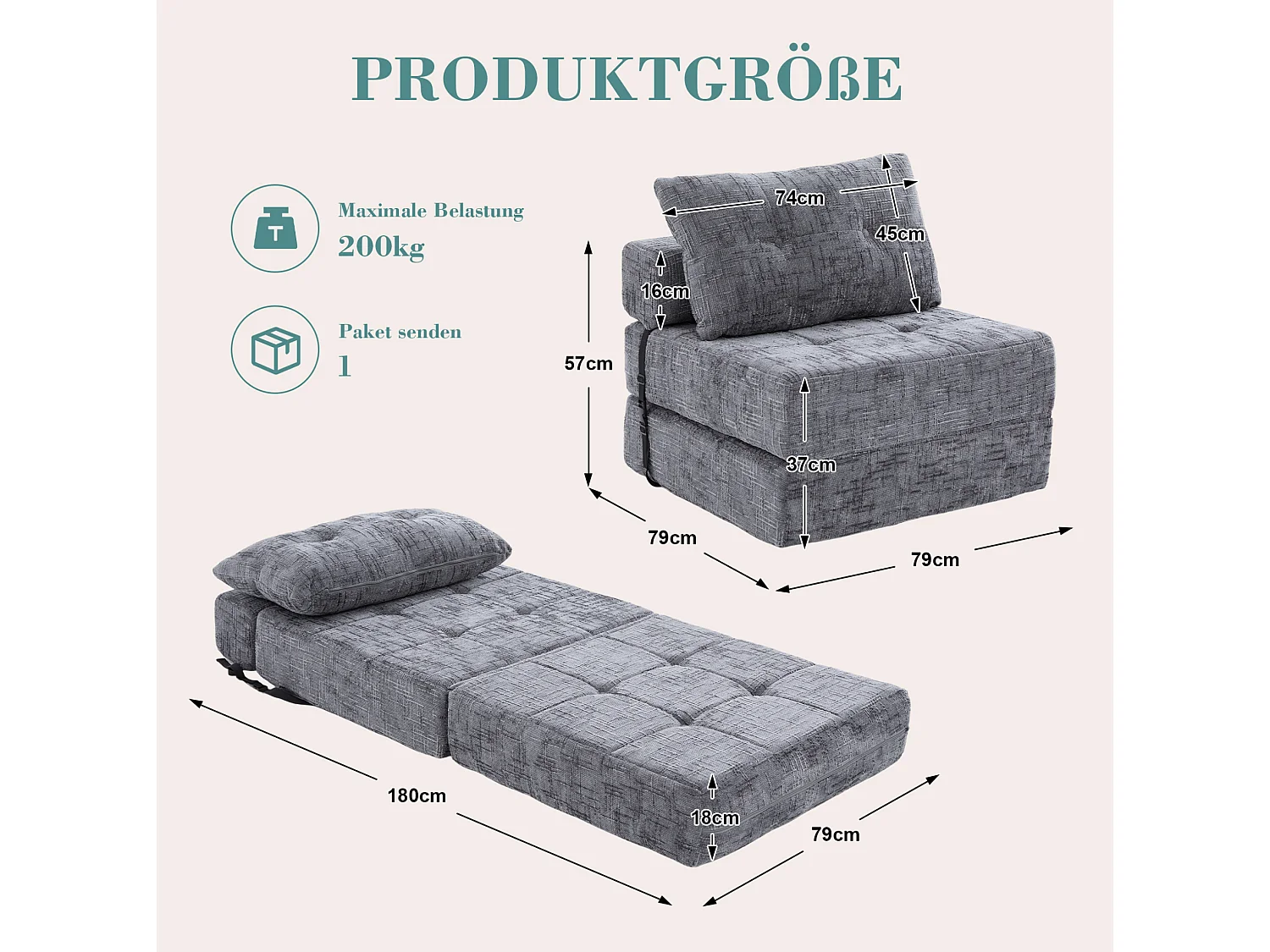 Opklapbare fauteuil van chenille met kussens - voor woonkamer en slaapkamer - grijs