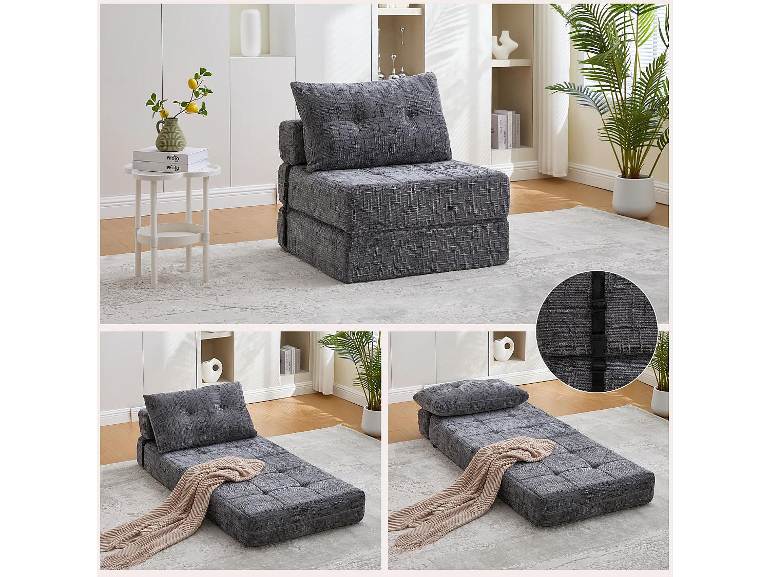 Opklapbare fauteuil van chenille met kussens - voor woonkamer en slaapkamer - grijs