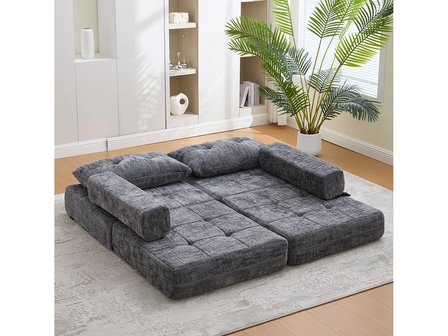 Opklapbare fauteuil van chenille met kussens - voor woonkamer en slaapkamer - grijs