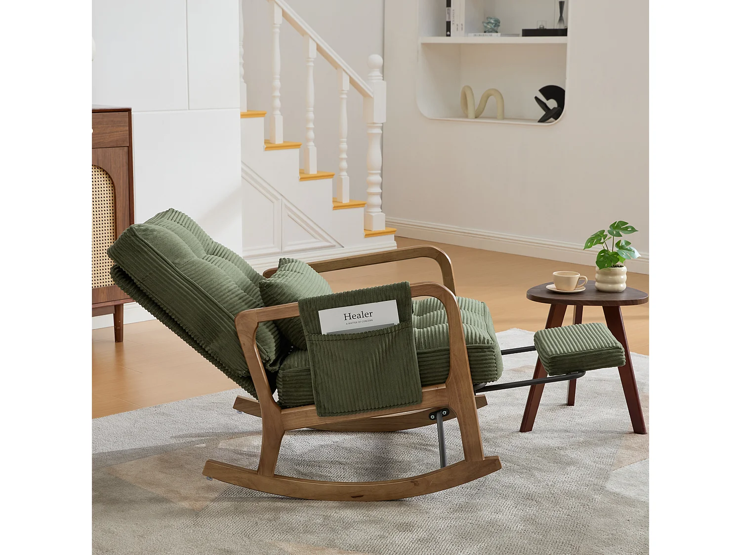 Rocking chair en velours côtelé avec repose-pieds et dossier réglable - Vert