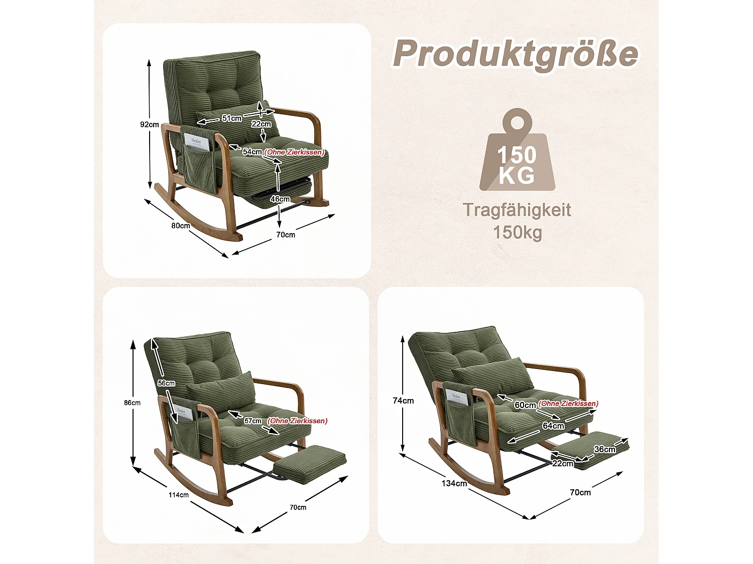 Rocking chair en velours côtelé avec repose-pieds et dossier réglable - Vert