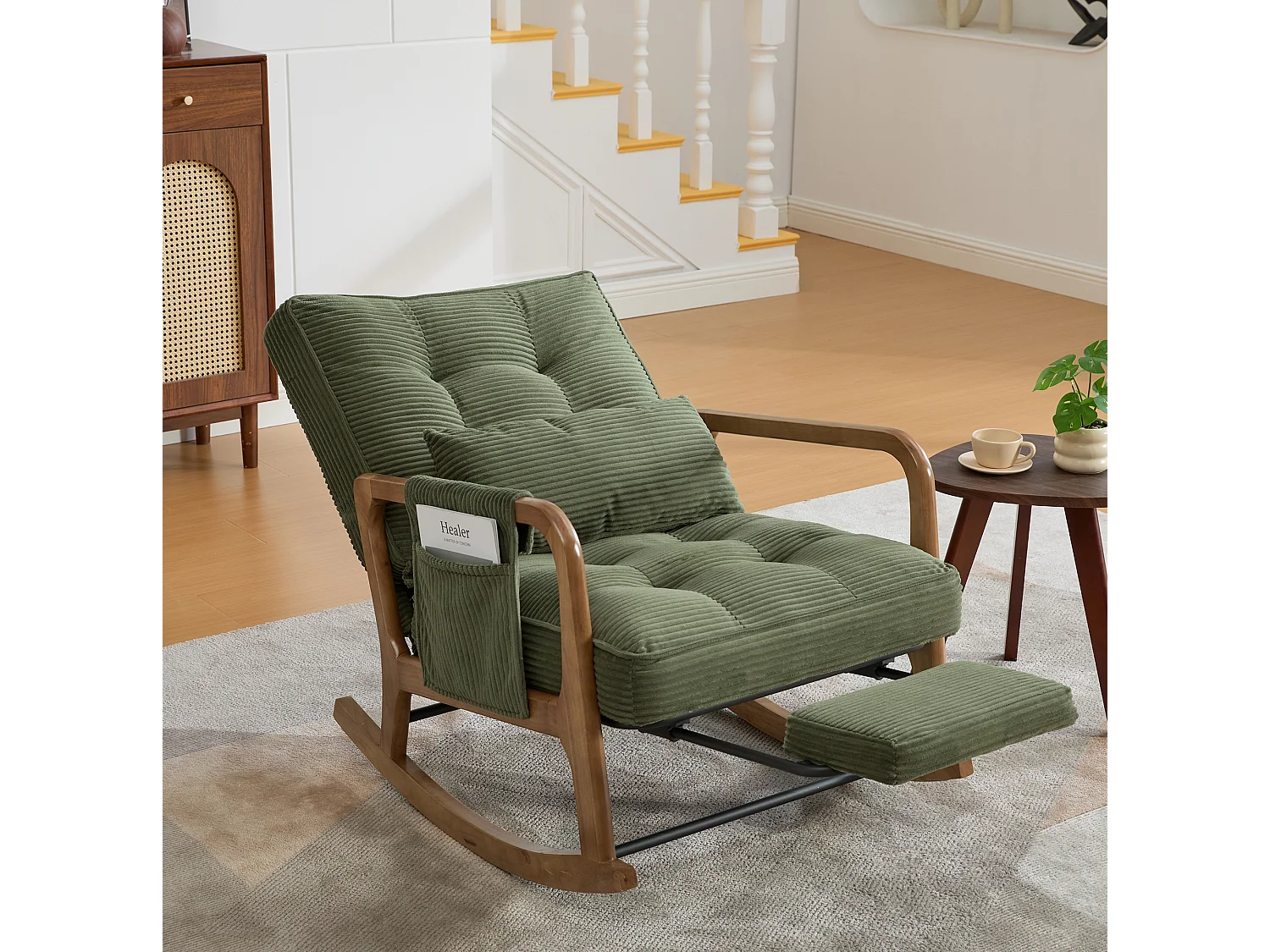 Rocking chair en velours côtelé avec repose-pieds et dossier réglable - Vert