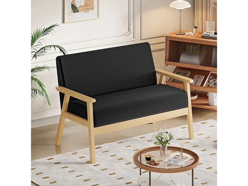 Canapé 2 places en tissu lin - cadre en bois - 107x60x76cm - Noir