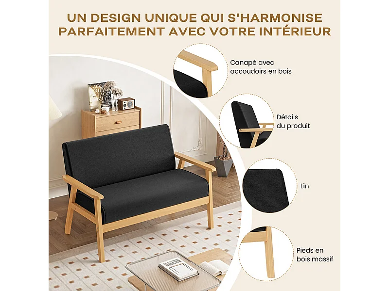 Canapé 2 places en tissu lin - cadre en bois - 107x60x76cm - Noir