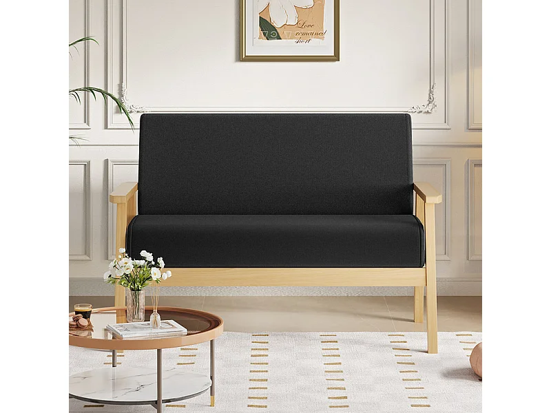Canapé 2 places en tissu lin - cadre en bois - 107x60x76cm - Noir