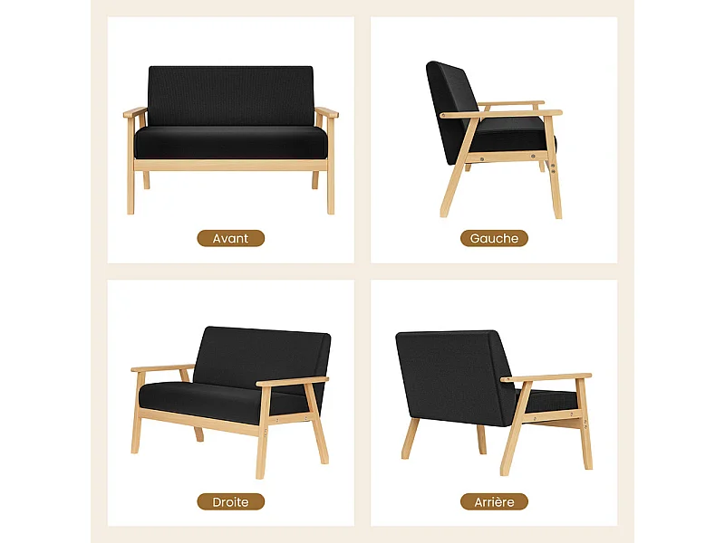 Canapé 2 places en tissu lin - cadre en bois - 107x60x76cm - Noir
