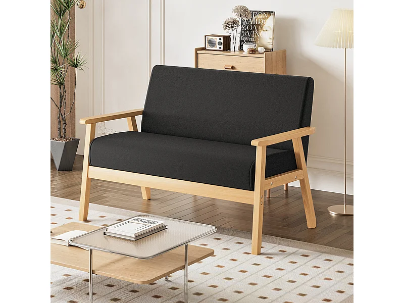 Canapé 2 places en tissu lin - cadre en bois - 107x60x76cm - Noir