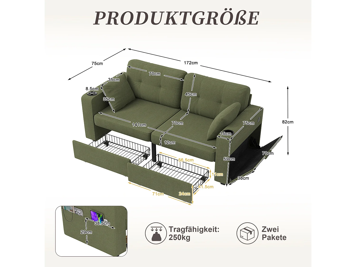 Tweezitsbank van chenille met twee lades, bekerhouders en USB-poorten - Olijfgroen