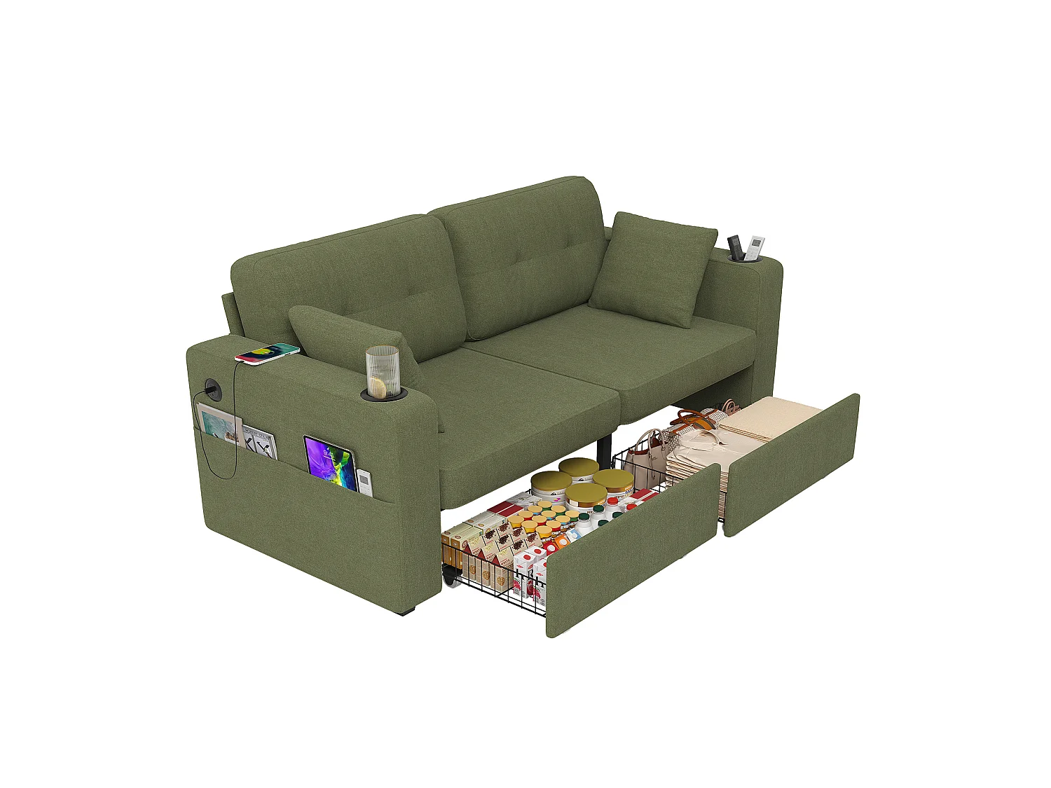 Tweezitsbank van chenille met twee lades, bekerhouders en USB-poorten - Olijfgroen