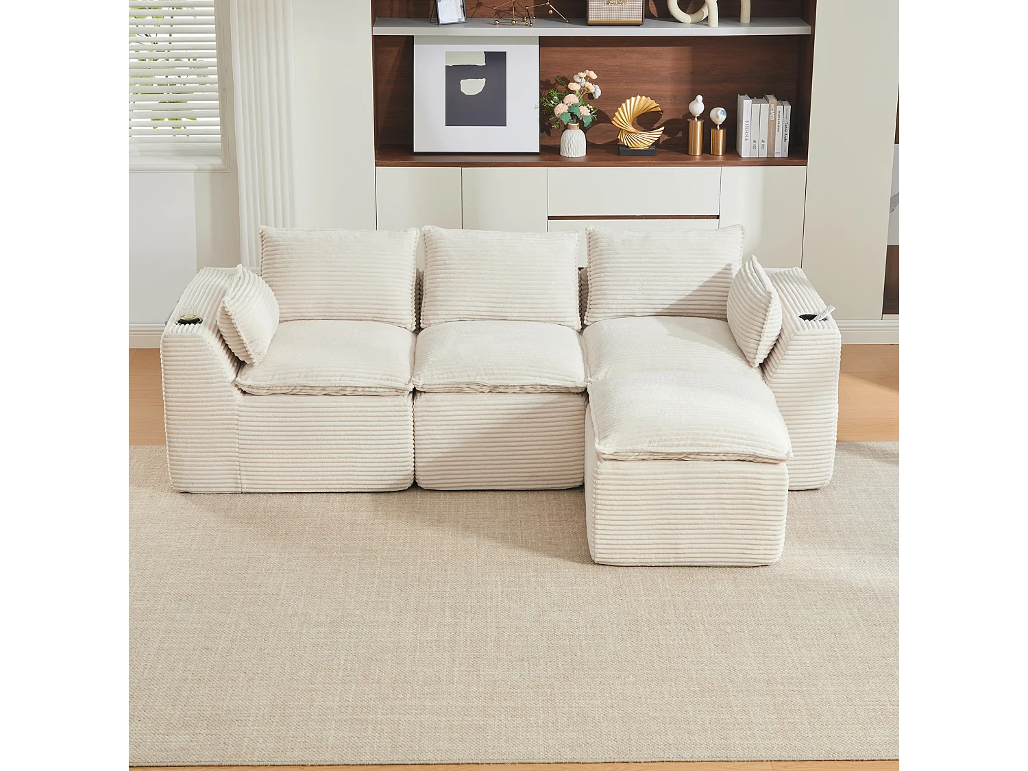 Divano componibile a 3 posti in velluto a coste con pouf e tasche laterali - Beige