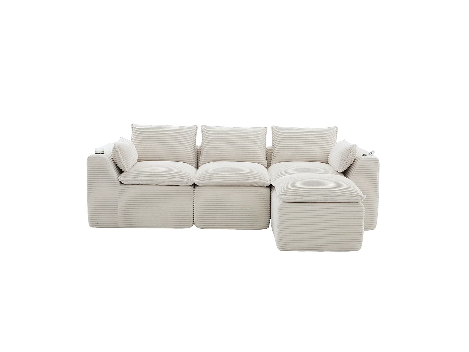 Divano componibile a 3 posti in velluto a coste con pouf e tasche laterali - Beige