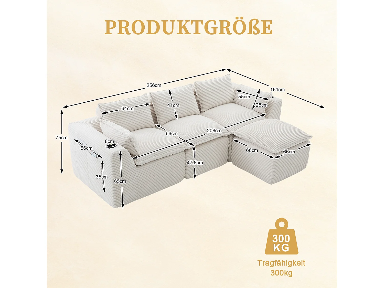 Divano componibile a 3 posti in velluto a coste con pouf e tasche laterali - Beige
