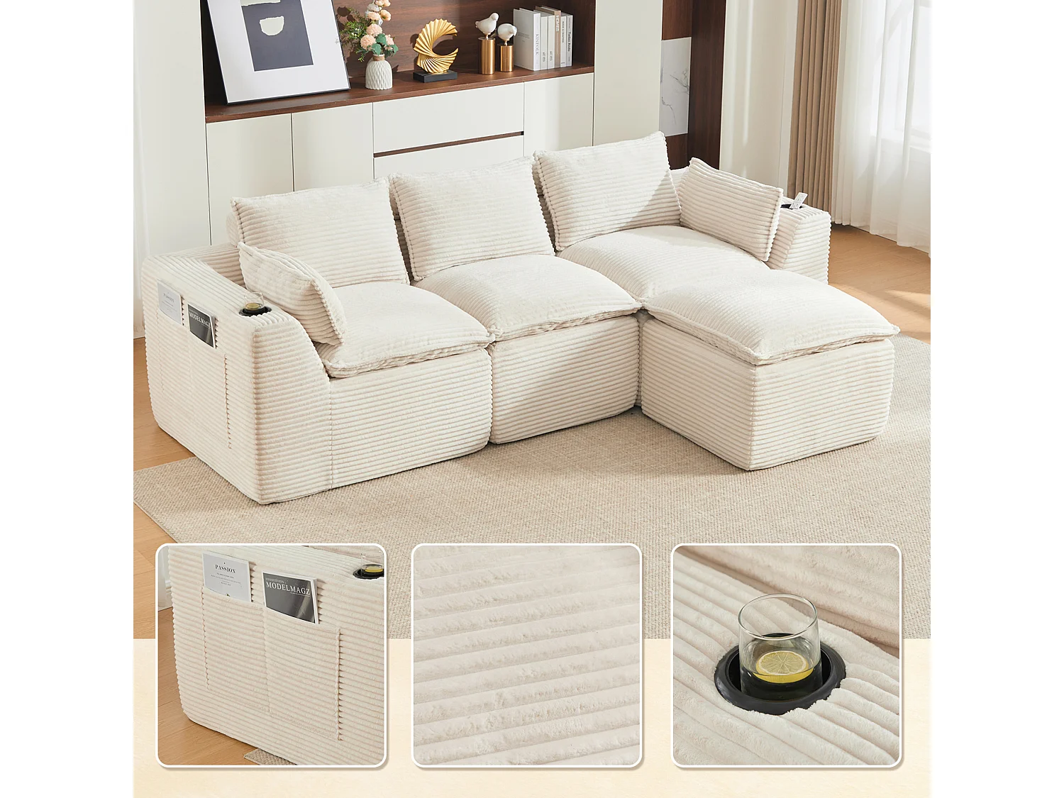 Divano componibile a 3 posti in velluto a coste con pouf e tasche laterali - Beige