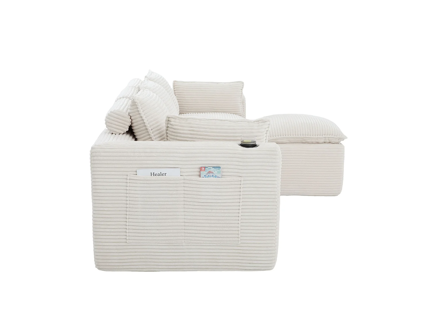 Divano componibile a 3 posti in velluto a coste con pouf e tasche laterali - Beige