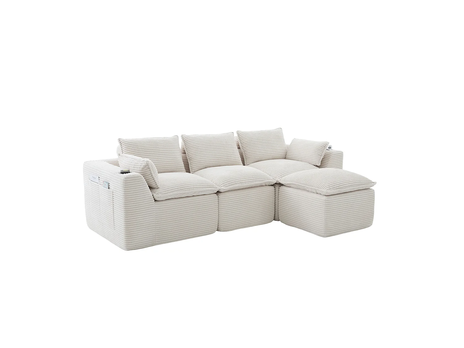 Divano componibile a 3 posti in velluto a coste con pouf e tasche laterali - Beige