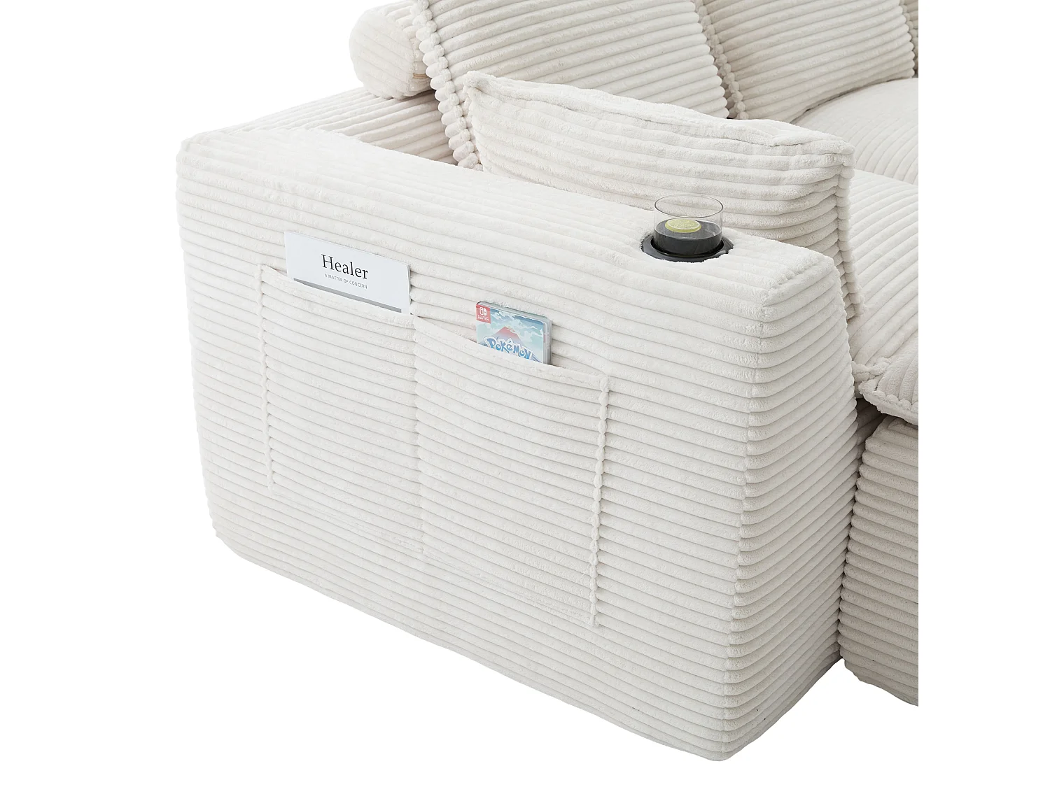 Divano componibile a 3 posti in velluto a coste con pouf e tasche laterali - Beige