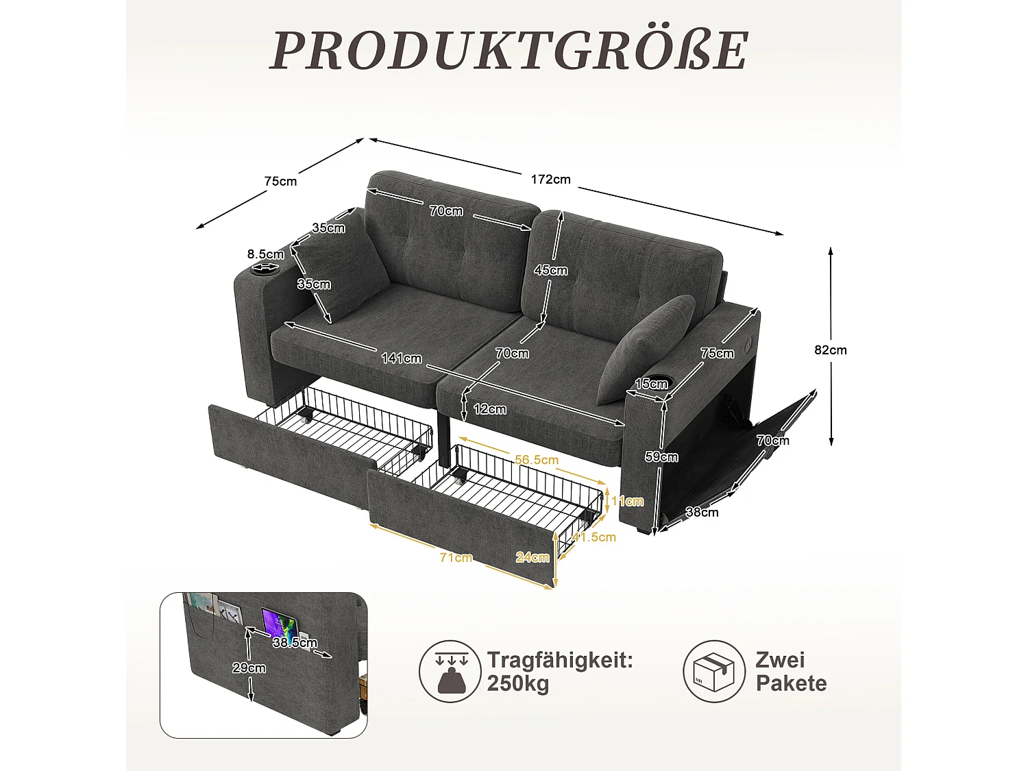 Tweezitsbank van chenille met twee lades, bekerhouders en USB-poorten - Donkergrijs
