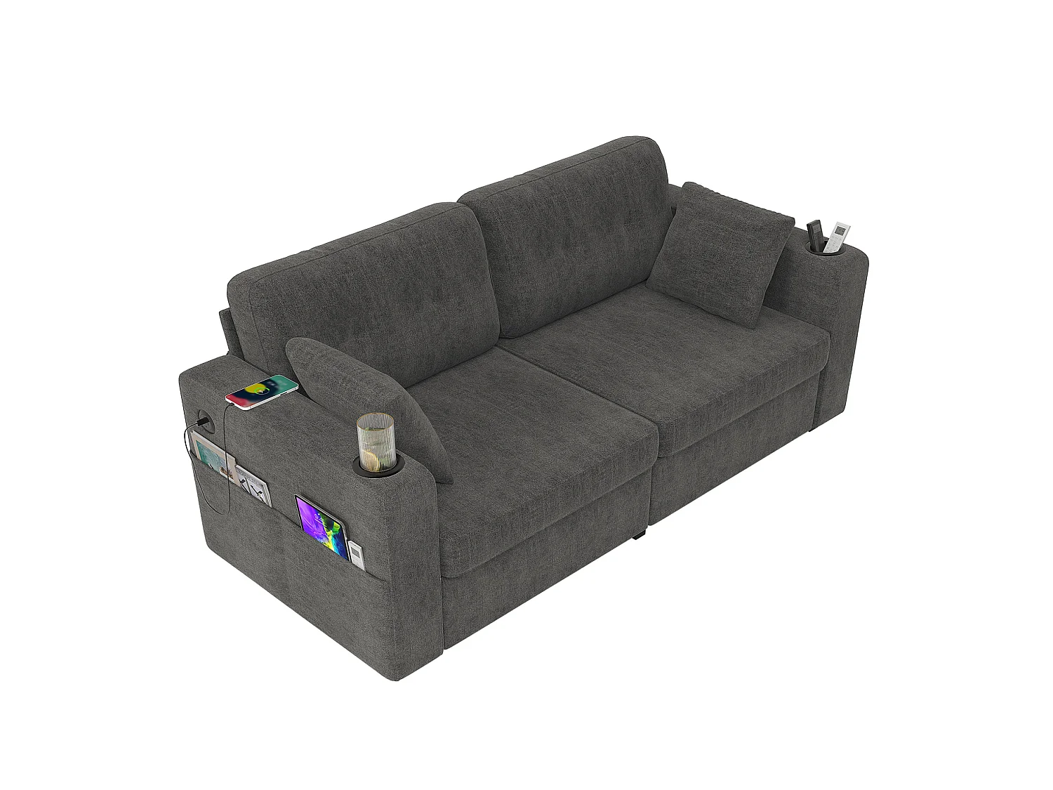 Tweezitsbank van chenille met twee lades, bekerhouders en USB-poorten - Donkergrijs