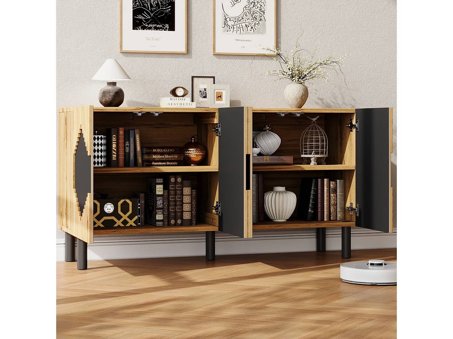Modern dressoir met 4 deuren - Diamantpatroon - Zwart en hout 140 x 40 x 70 cm