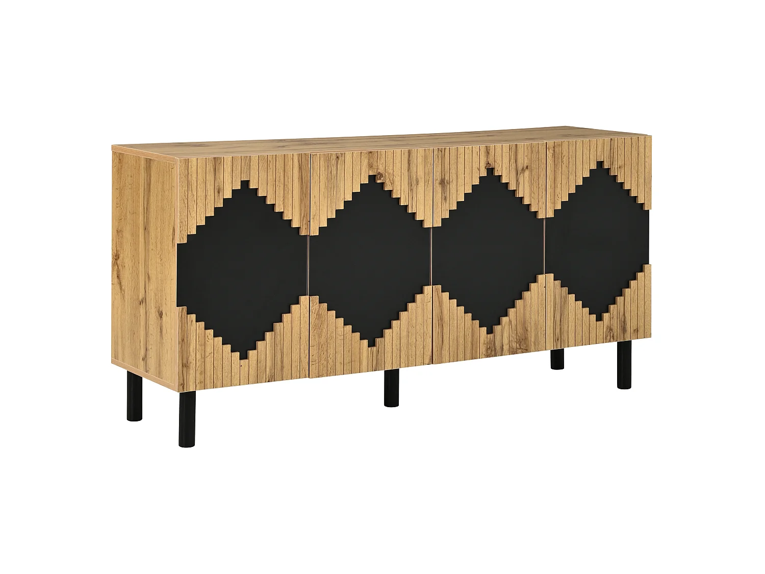 Modern dressoir met 4 deuren - Diamantpatroon - Zwart en hout 140 x 40 x 70 cm