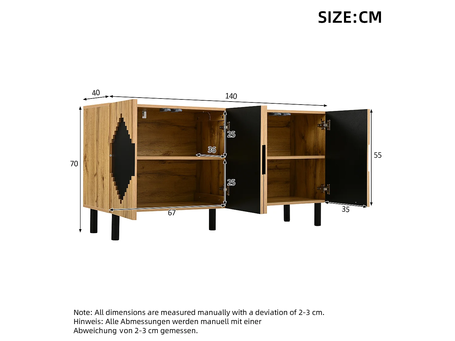 Modern dressoir met 4 deuren - Diamantpatroon - Zwart en hout 140 x 40 x 70 cm