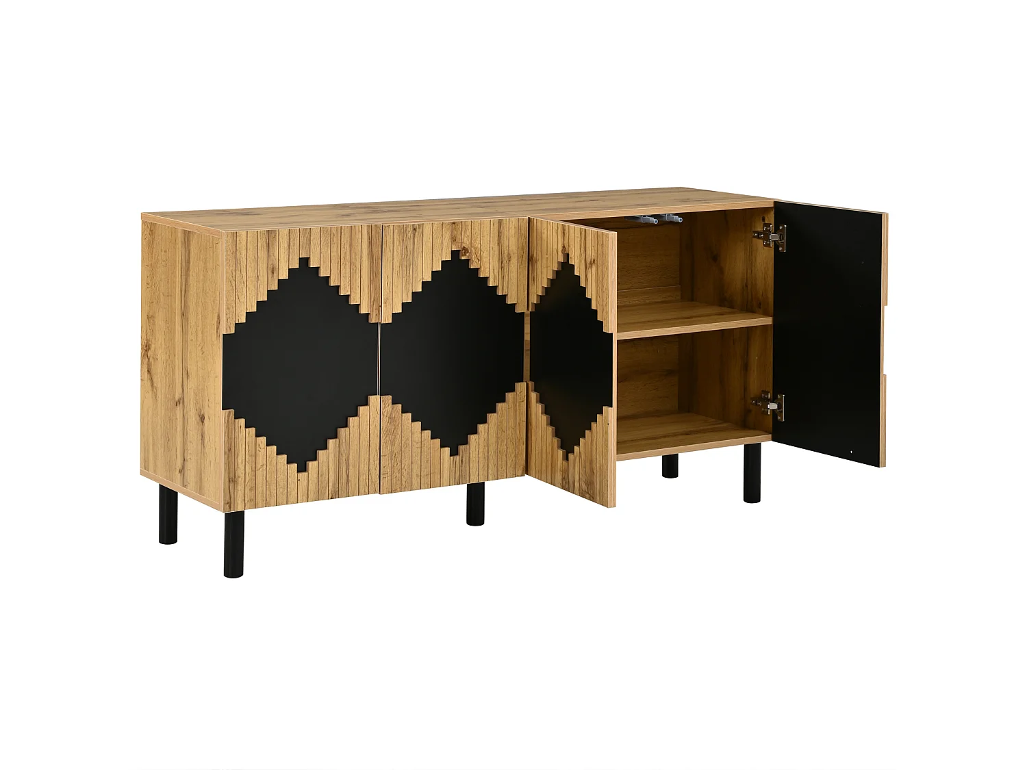 Modern dressoir met 4 deuren - Diamantpatroon - Zwart en hout 140 x 40 x 70 cm