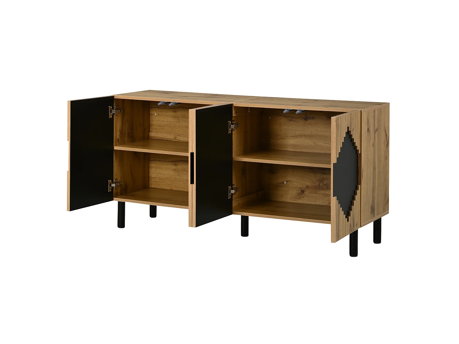Modern dressoir met 4 deuren - Diamantpatroon - Zwart en hout 140 x 40 x 70 cm