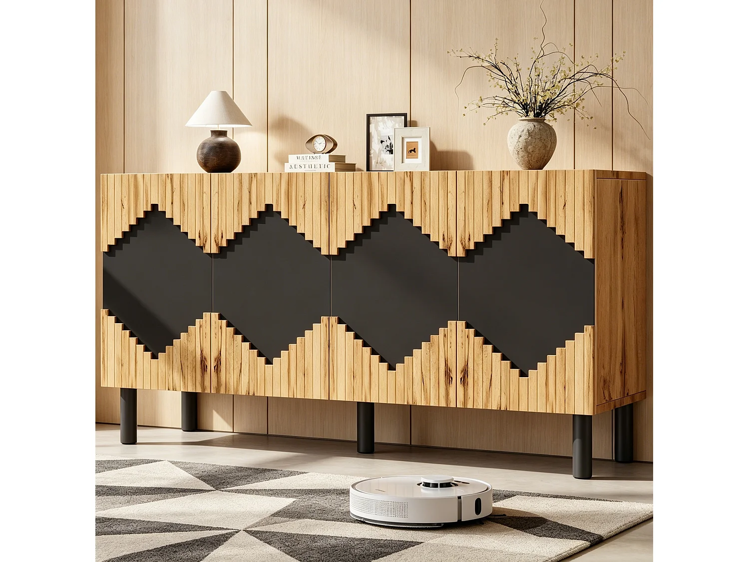 Modern dressoir met 4 deuren - Diamantpatroon - Zwart en hout 140 x 40 x 70 cm