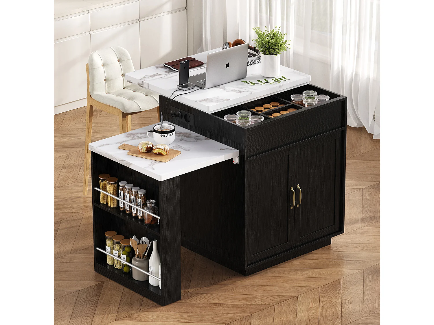 Îlot central LED noir - Meuble de bar extensible avec ports USB/Type-C et rangements
