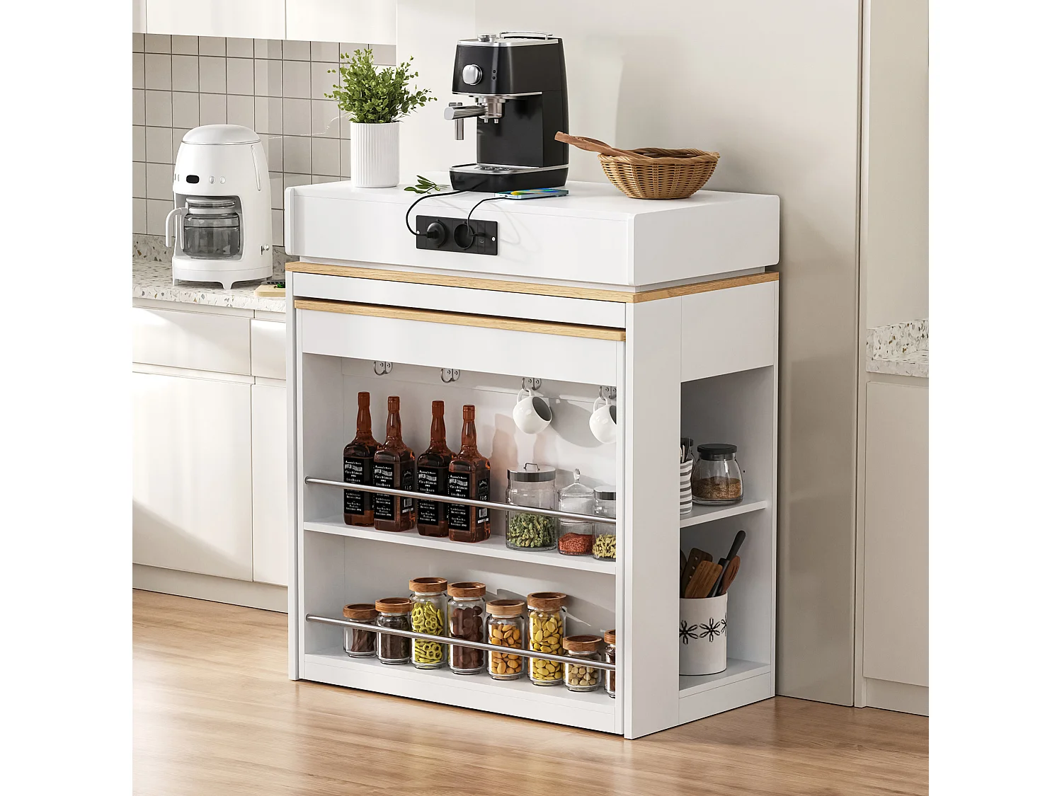 Îlot de cuisine extensible avec prise, tiroir et rangements - Blanc