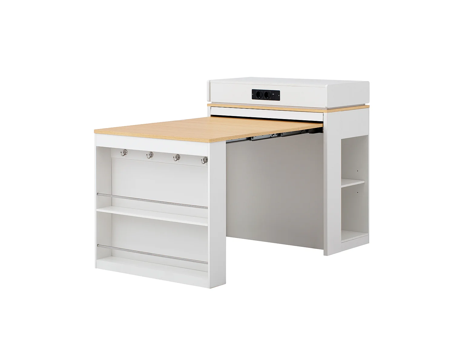 Îlot de cuisine extensible avec prise, tiroir et rangements - Blanc