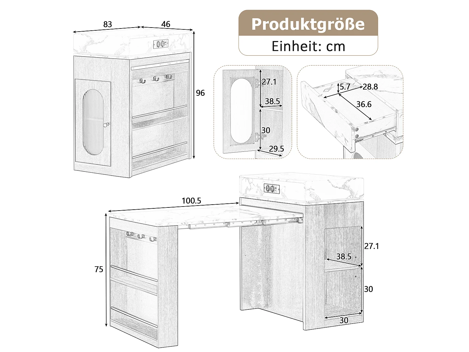 Îlot de cuisine extensible avec prise, tiroir et rangements - Blanc