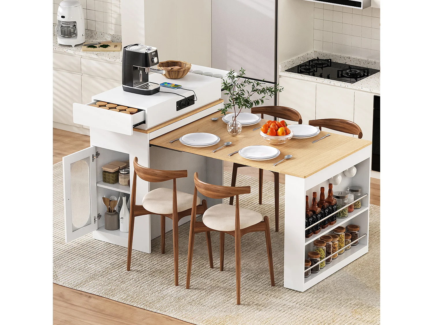 Îlot de cuisine extensible avec prise, tiroir et rangements - Blanc