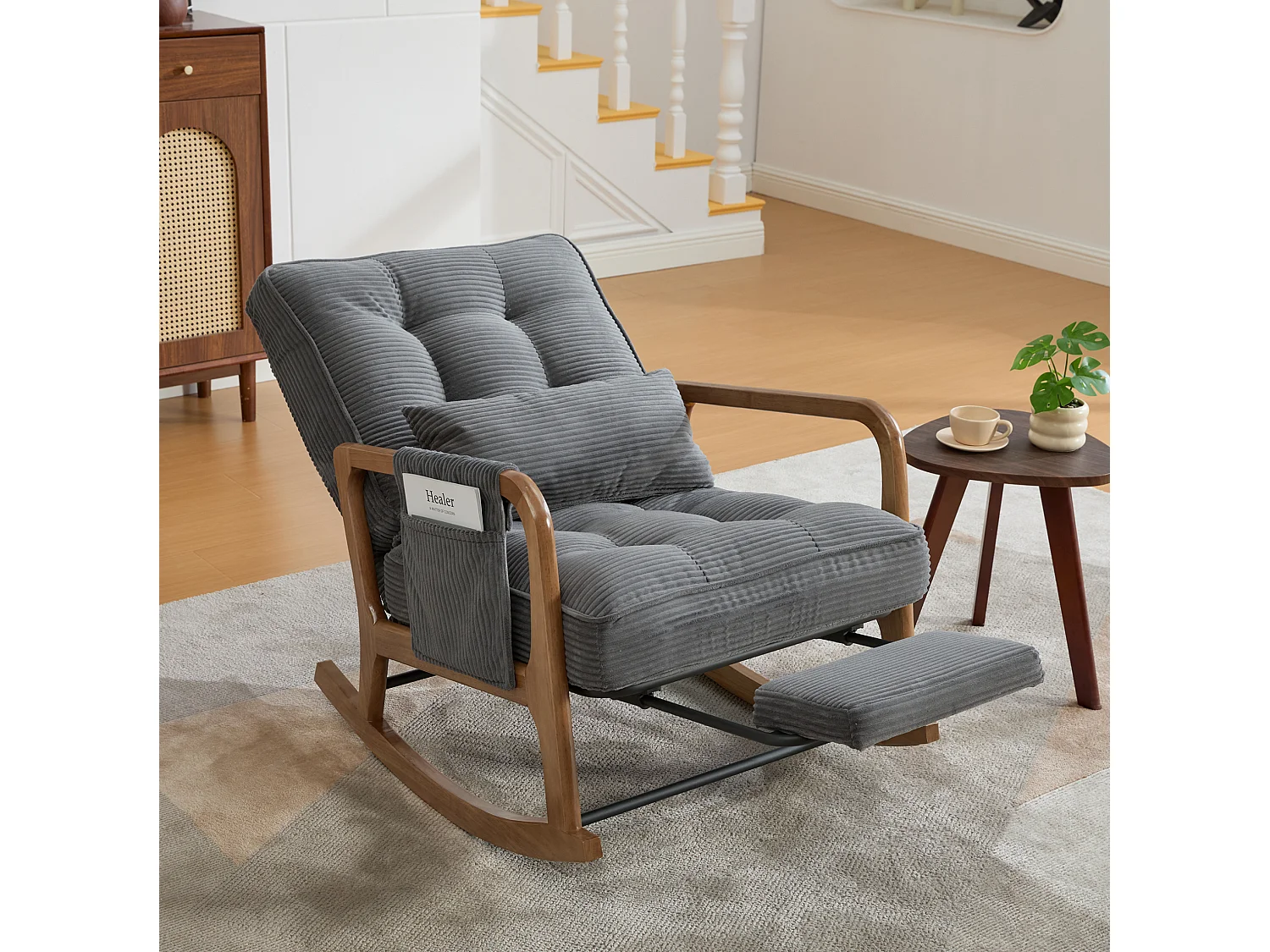 Rocking chair en velours côtelé avec repose-pieds et dossier réglable - Gris