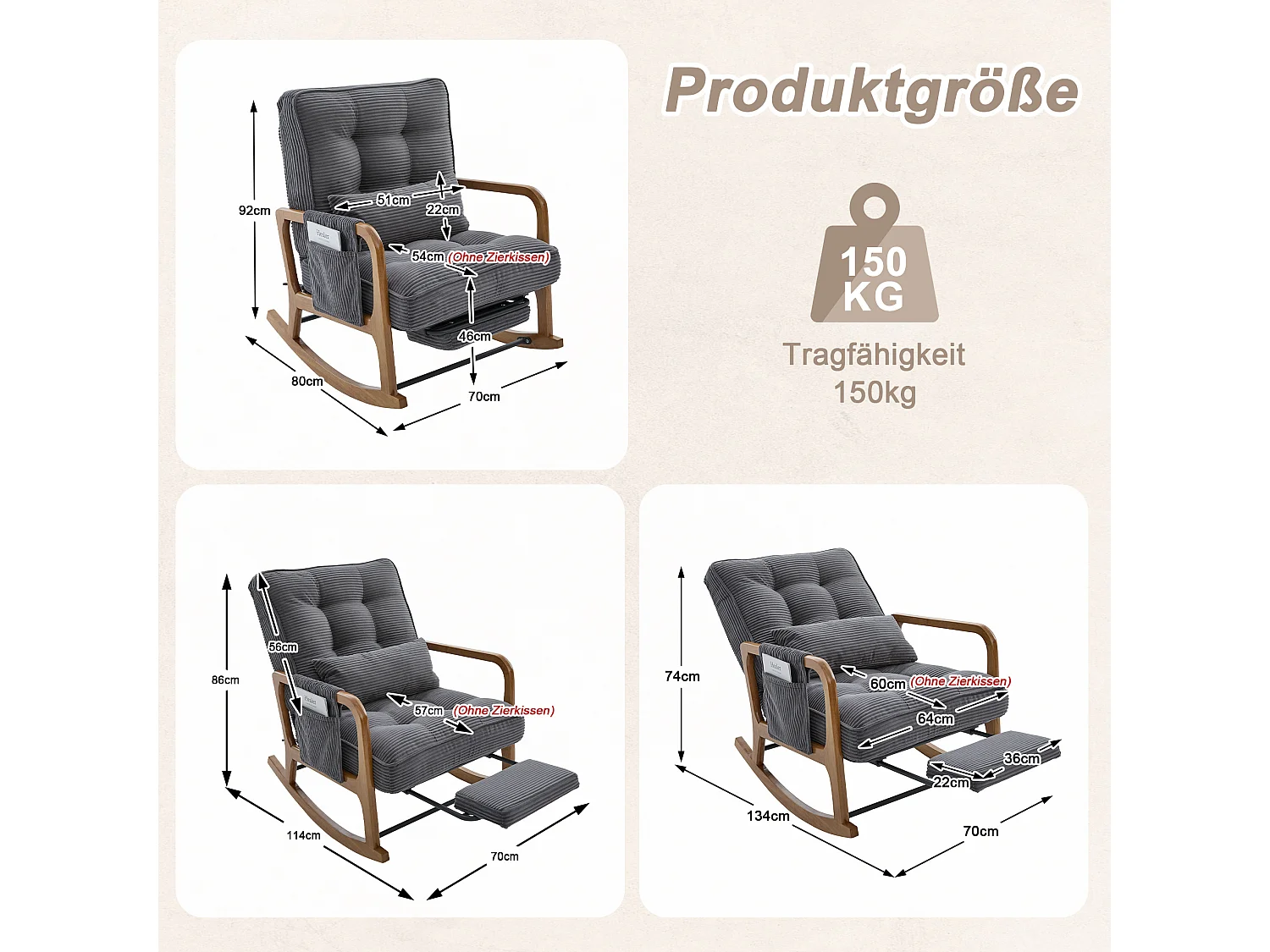 Rocking chair en velours côtelé avec repose-pieds et dossier réglable - Gris