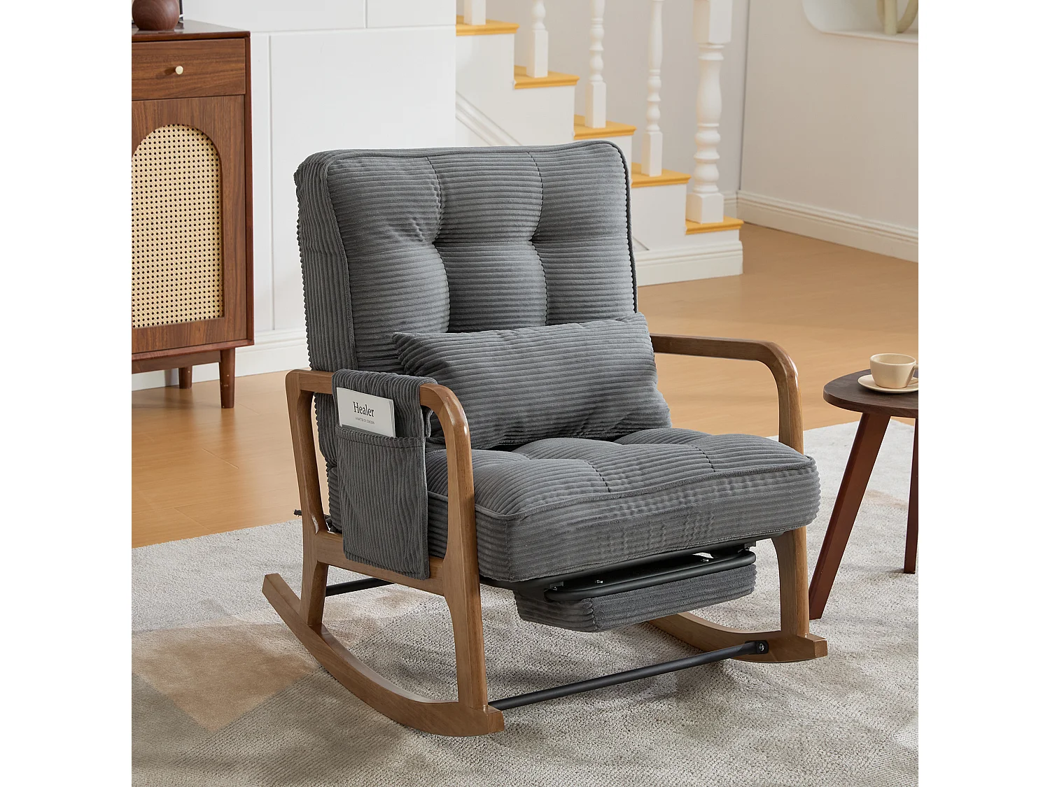 Rocking chair en velours côtelé avec repose-pieds et dossier réglable - Gris