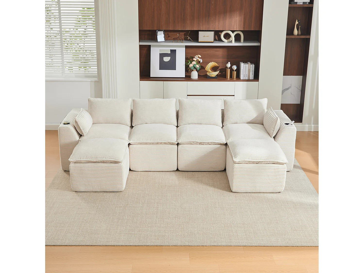 Modulaire 4-zitsbank met kussens en 2 voetenbankjes - Beige corduroy